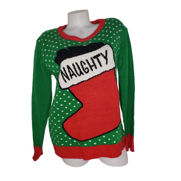 NAUGHTY Green Red Ugly Christmas Sweater Fits Sizes M - L - Picture 6 of 6